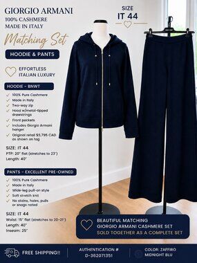 Giorgio Armani 100% Cashmere Hoodie & Pants Set, Midnight Blue, IT 44